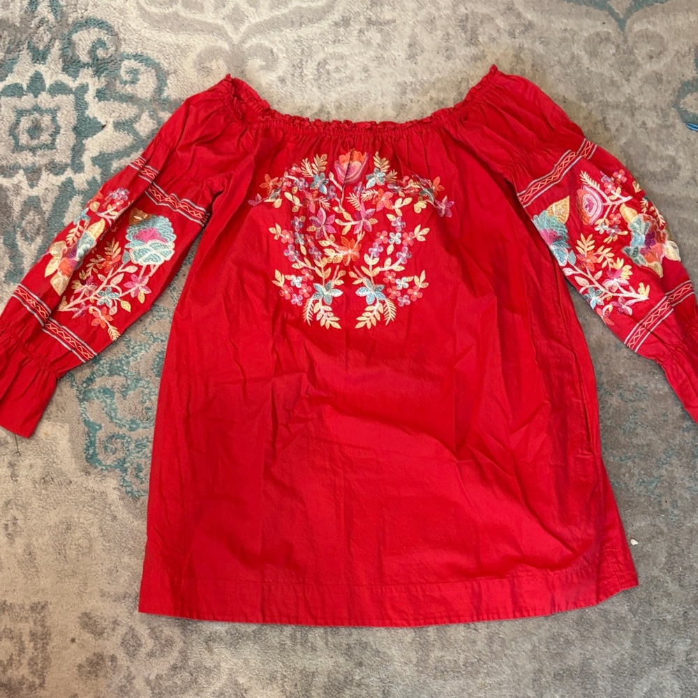 Free People Red Floral Embroidered Top